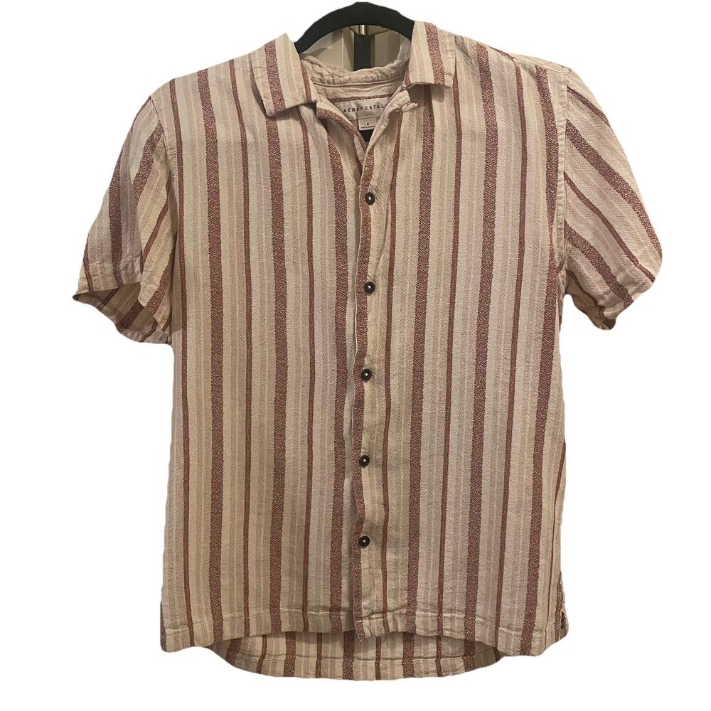 AEROPOSTALE Men’s Small Vertical Stripe Button Down Shirt Tan Red Coastal Retro